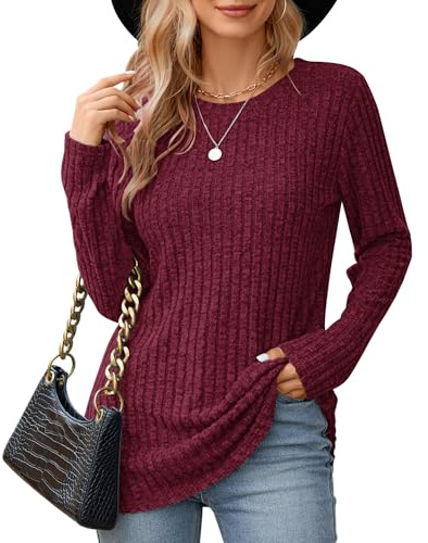 WNEEDU Damtröjor rund hals långärmade toppar kvinnor lätta mjuka sweatshirts vardaglig höst randig tröja tunika skjortor, Vinrött, S