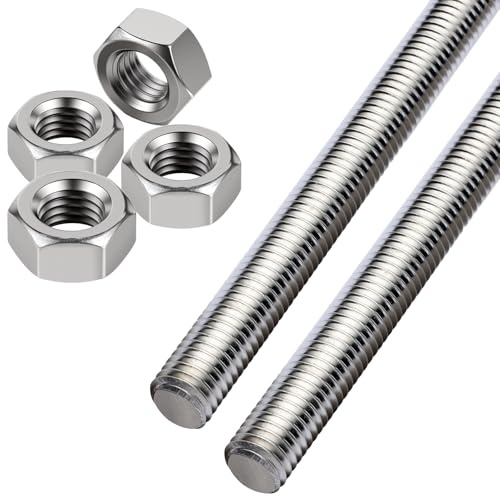 msymsyu Lot de 2 tiges filetées en acier inoxydable M12 x 250 mm avec 4 écrous hexagonaux M12 - La tige filetée peut être utilisée aussi bien pour la fixation d'assemblages que pour la réparation