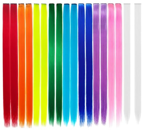 18 PCS Colored Clip in Hair Extensions, Festival Hair Accessories, Colorful Party Highlights Hair Synthetic Hairpieces Rainbow Accessories for Music Festivals, Cosplay & Pride Events, 9 Colors