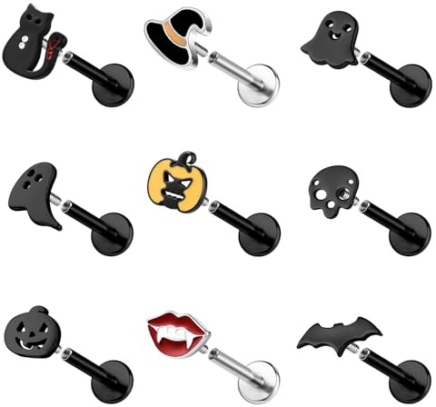ZS 9 Stück 16G Edelstahl Labret Lippenpiercing Innengewinde, Halloween Geist Totenkopf Medusa Monroe Piercingschmuck, flache Conch Tragus Ohrringe für Damen Herren (Schwarz,8mm)