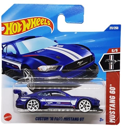 Hot Wheels Custom ’18 Ford Mustang GT blau HYY94 – Lizenziertes Ford Modell mit Michelin Decals – Mustang 60th Anniversary 2025 – 1:64