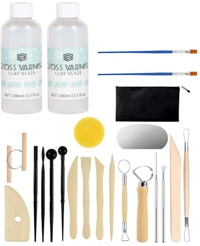Donvuka Glasur für Lufttrocknenden Ton, 200ml Air Dry Clay Glaze und 19 Pcs Modellierwerkzeug Werkzeug, Klarlack für Modelliermasse Lufttrocknende, Ton Glasur Ohne Brennen
