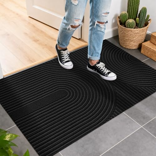 FEOMOS Fußmatte Innen Außen 60x90cm, rutschfeste Schmutzfangmatte-Schwarz | Fussmatte Innen, Fußabtreter Niedriges Profil, Türmatte Waschbar Langlebig für Haustür, Flur, Balkon, Küche