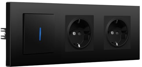 BSEED Interrupteur Mural Avec 2 Prises, Interrupteur poussoir Avec Voyant Lumineux, Port de connexion rapide, Cadre avant PC, 1 Gang 1 Voie, 228mm, Noir