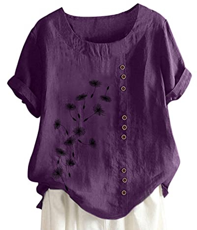 Ladies T Shirts Summer Short Sleeve Crew Neck Linen Tops Floral Printed Blouses Casual Elegant Top Tshirts Lightweight Tunics Drawstring Tee Shirts Womens Tops Plus Size 8-22
