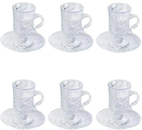 Packool 6 Pcs Crystal Glass Tea Cup and Saucer Sets, Elegant European Style Footed Turkish Glass Tea Cups with Handle, Heat-Resistant, for Coffee, Juice, Party, Diamond Design Latte Glasses
