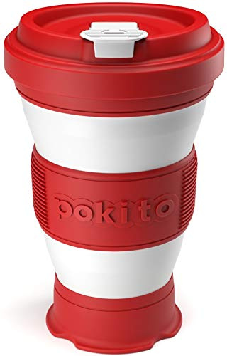 Trinkbecher für Kaffee und andere Getränke von Pokito | Super Faltbarer Becher/Kaffeebecher to go mit Deckel für unterwegs, Auto, Outdoor, Camping | Robust, wiederverwendbar, Auslaufsicher | Rot