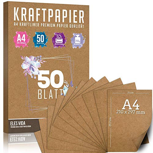 Set di carta Kraft DIN A4 260g - 21x29,7cm - per artigianato e cartone naturale Carta kraft per da stampa, carta di cartone Creazione di etichette per regali di nozze vintage (50 fogli)