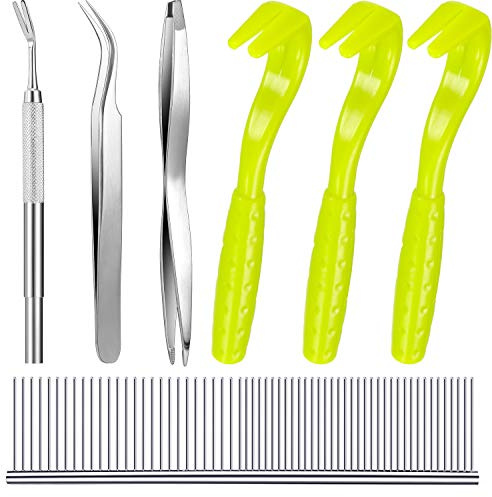 Boao 7 Pcs Tick Removal Tool Kit, Include 3 Plastic Removers, 3 Stainless Steel Tweezers with Comb for Dog and Cats(Fluorescent Green)