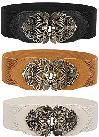 WERFORU 3 Stücke Breiter Elastischer Taillengürtel für Frauen, Damen Vintage Stretchy Taille Gürtel Breite Retro Mode Cinch Schwarz/Braun/Beige