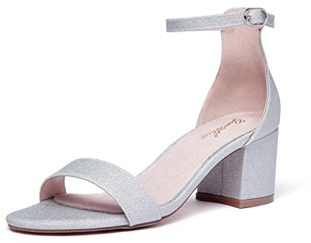 GENSHUO Damen Silber Blockabsatz Sandalen Glitzer Knöchelriemen Sandaletten mit Niedrigem Block Absatz 6CM Riemchensandalen Offen Zehen Klobig High Heel Sandale für Party Hochzeit Abend 38.5EU