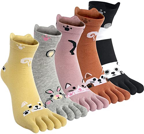 Kevaler Donna Calzini con Sportive Cotone Dita Separate Calzini 5 Dita Divertenti Fantasia Novità Colorati Carino Animali Socks per Sport Corsa Home - 5 Paia
