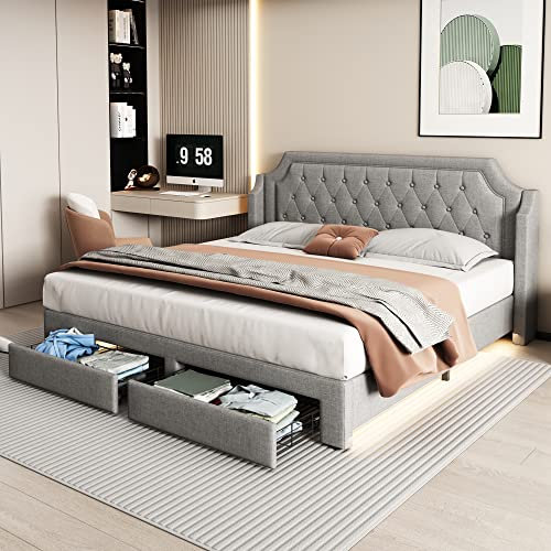 Dolamaní Polsterbett 180 x 200 cm mit 2 Schubladen und Kopfteil, Doppelbett mit Lattenrost, Gästebett, Leinen, Grau