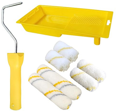 8er Farbroller Klein Set - 6 x Farbroller Gelbfaden 1 x Farbrollengriff 1 x Farbwanne, Malerrolle Klein, Farbroller Wandfarbe, zum Lackieren von Möbeln und Kleinflächen Wänden