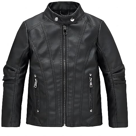 linboo Leather Jacket Children's Bomber Jacket Boys Girls Motorcycle Jacket with Stand-Up Collar Blouson Spring Autumn Faux Leather Jacket, Black (black 01), 9-10 Jahre