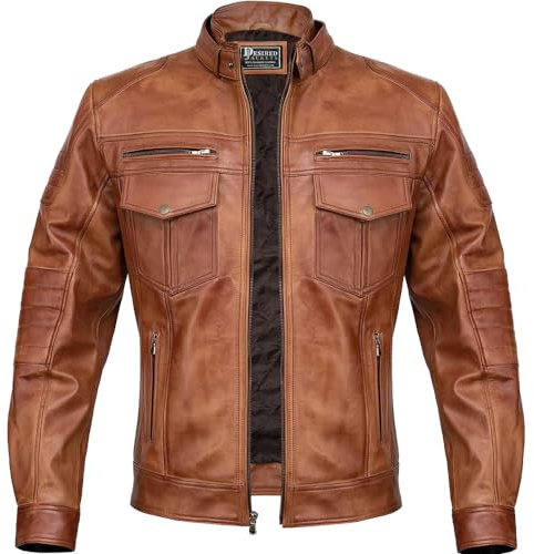 Men Cafe Racer Motorcycle Style Solid Color Leather Jacket Slim Fit Motorcycle Brown Leather Jacket Moto Rider Cafe Racer (as1, alpha, l, regular, regular, Brown Leather Jacket)