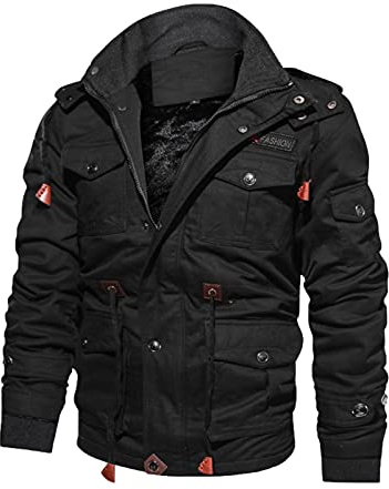 Veste Cargo Hommes Chaud Polaire Hoodies Veste d'hiver Militaire Doublure intérieure en polaire Veste demi-saison avec Capuche amovible Classique Retro Outdoor Blouson (Black, L)