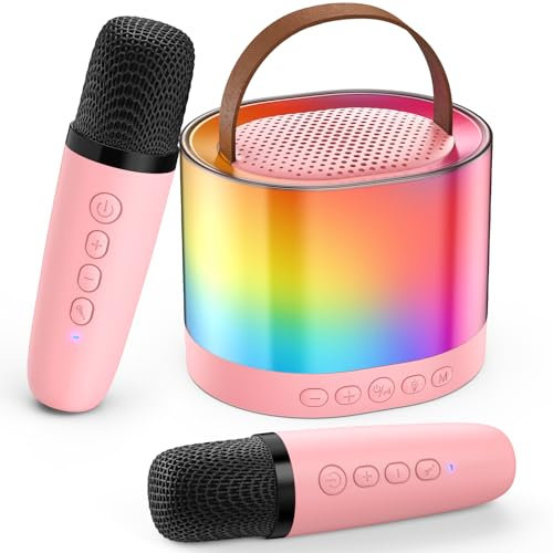 JYX Karaoke Machine for Kids Adults, Portable Bluetooth Speaker with 2 Microphones, Support TF/AUX Input/Funny Magic Voice, Great Gifts for Birthday Party Boys Girls (Rose-2 Mics)