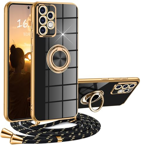 XCYYOO Hülle Samsung Galaxy A52 4G/5G/A52S 5G mit Band, Handyhülle Samsung A52 4G/5G/A52S 5G mit Kette Kordel Ständer Kratzfest Silikon Handykette Stoßfeste Schutzhülle für Samsung A52/A52 S, Schwarz