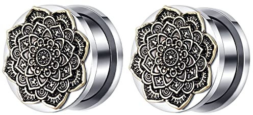 Daesar Plugs 10MM, Ohrringe Tunnel Edelstahl Mandala Blume mit Schraubverschluss Ohr Expander Set Piercing Tunnel Plug