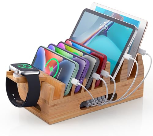 All In One Family Dock Station, Wooden Bamboo Charge Stand-Natural Bamboo | Pezin & Hulin Dock Rack Organizer for Multiple Devices for Mobile Phones, Tablets, Smart Watch -No Charger Power Supply
