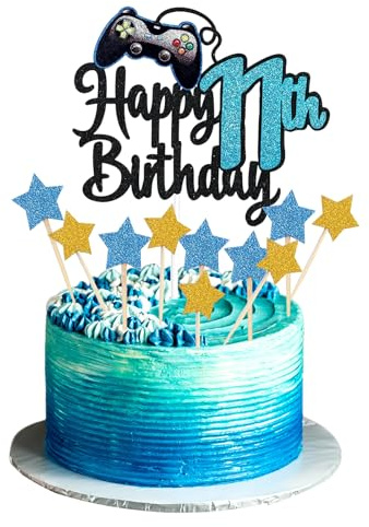 JEKUGOT Happy 11th Birthday Cake Topper, Glitter Video Game Cake Pick Game On Controllers 11 Cheers to 11 Years Cake Decoration, 11th Cake Topper (Blue)