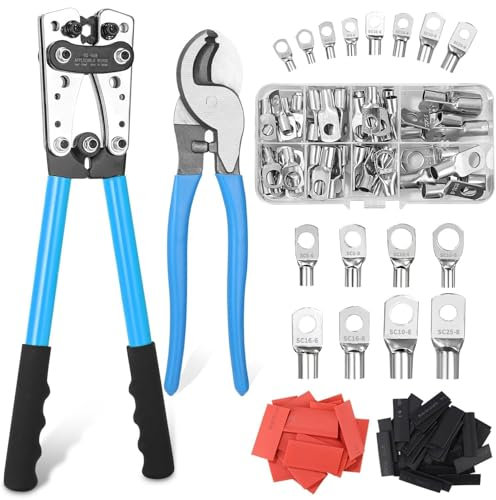 Batteriekabelschuh Crimpzange Groß 10-1/0 AWG Kabelschuh Zange 6/10/16/25/35/50 mm² Mit 8 Größen 60 PCS Kupferringklemmen Und Drahtschneider + 60 PCS Schrumpfschläuche