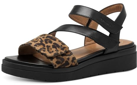 Tamaris Comfort sandales plates femme cuir avec fermeture velcro, Black/Leo, 38 EU