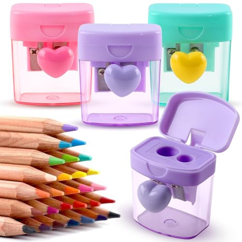 Herz Anspitzer Mit Behälter Farbig Spitzer Mit Dose Niedlich Dosenspitzer Grün Lila Rosa Anspitzer Dicke Und Dünne Stifte 2 Löcher Bleistiftspitzer Mit Abdeckung Pencil Sharpener für Bürobedarf