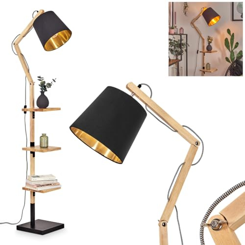HOFSTEIN Golvlampa, Tukkör, golvlampa av trä/metall/tyg i natur/svart-guld, justerbar lampa i boho-design med hyllor och brytare, 152,5 cm, E27, vardagsrum, sovrum, matsal