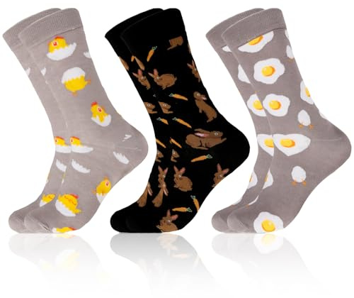 Aitsite 3-5 pares de Calcetines Hombre Mujer de Pascua, Calcetines Divertidos de Pascua de Algodón con Motivos de Pollos, Conejos y Huevos de Pascua para Regalos de Pascua 35-47