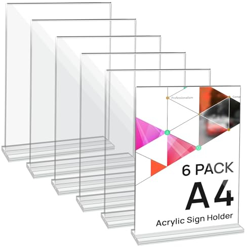 JEFURE A4 Acrylic Sign Holder, 6 Pack Clear Perspex Display Stands, T-shape Plastic Poster Stand, Double-sided Menu Holder for Home, Office, Store, Restaurant