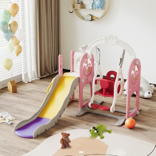Scivolo Bambino 6 in 1 con Altalena, Scivolo Interno ed Esterno Parco Giochi, Altalena Regolabile in Altezza e Cestino da Basket, Scala, Telescopio, Carico Max. 35 kg, rosa (6 in 1 rosa)