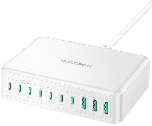 Rocoren 480W GaN USB C laddare Multiport, 10-portars PD100W QC4.0 PPS Laddstation med 1,5 m UK förlängningssladd Kompatibel med MacBook Pro Air M2 iPhone 16 15 Pro Max Galaxy S24 Ultra bärbar dator