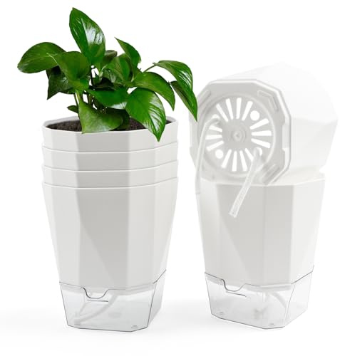 EZESO 6 Packs Kunststoff Blumentopf Selbstbewässernd mit Drainagelöchern, Baumwollseil und Reservoir, dekorativer Übertopf Kräutertopf für Innen und Balkon Sukkulenten Kaktus, Weiß