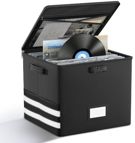 Boîte de rangement ignifuge et étanche pour disques vinyles avec serrure, pliable de 30,5 cm, grande boîte de rangement pour disques vinyles noir, pour plus de 100 disques vinyles, CD et fichiers