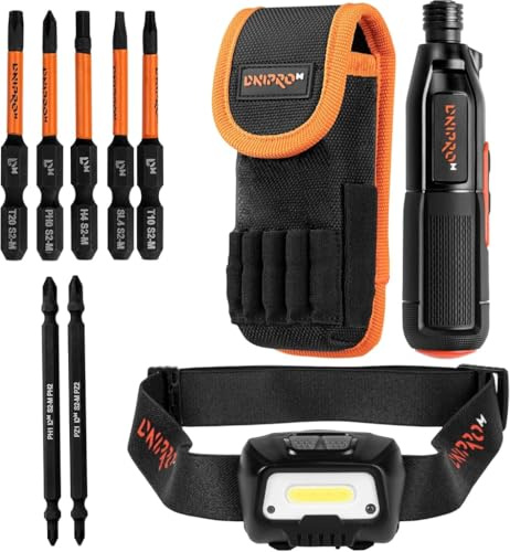Destornillador Dnipro-M CSD-36X + Linterna Frontal FX-5, con carga USB-C | Linterna frontal LED 300 lm con sensor de movimiento │ Par automático 1,2 Nm, 8 Nm manual │ 4 modos, ajuste 45°