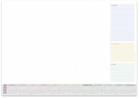 PuK Schreibtischunterlage mit Kalender 2026 bunt | DIN A2 | 25 Blatt zum Abreißen mit praktischen Listen | optional Kantenschutz | Schreibtischunterlage Papier A2 Kalender 2026 (mit Kantenschutz)