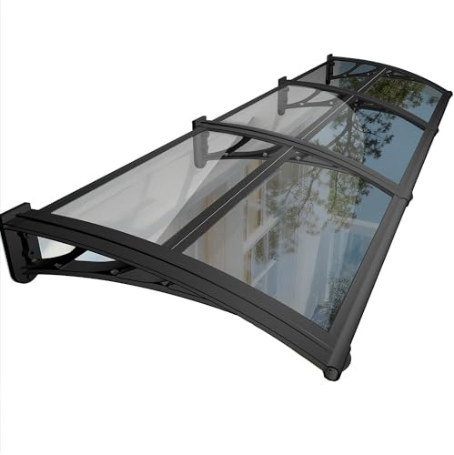 NacstarHome Vordach für Haustür, Transparent Polycarbonat Überdachung Sonnenschutz Regenschutz Vordach für Fenster Länge 290cm, mit 60cm Schwarz Halterung, Grau Platte