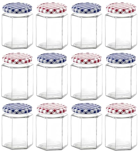 Eidoct Glass Jam Jars Set of 12, 280ml / 9oz Hexagonal Storage Glass Jars | with Screw Top Red and Blue Gingham Lids, Clear Airtight Preserving Glass Jars for Marmalade, Chutney, Jam, Pickle