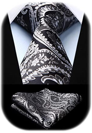 HISDERN Herren Krawatte Taschentuch Paisley Krawatte & Einstecktuch Set Blumen Jacquard Gewebt Schlips Einfarbig (Grau-2)