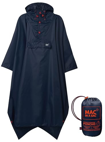Mac in a Sac Poncho de pluie compact - Veste imperméable, légère et coupe-vent avec capuche pour hommes et femmes - Navy