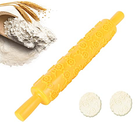 Geprägtes Teigroller, Fondant Teig Muster Rolle Kunststoff Backrolle Griff Nadeln Blumenmuster Kuchenrolle DIY Backen Nudelholz Dekoration Form für Bäcker, Pizza, Keks, Kuchen