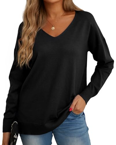 GRECERELLE Pull Femme Col V Décontracté en Tricot avec Manches Longues - Pullover Chic et Élégant pour l'hiver (Noir, XXL)
