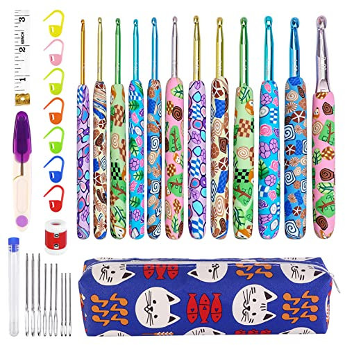 Viaky 36 Stück Häkelnadeln-Set – 12 Ergonomische Stricknadeln mit Weichem Keramikgriff (2,25 mm - 8,0 mm), Buntes Tiermuster, Häkelset für Anfänger & Strickliebhaber, Ideal für DIY Projekte