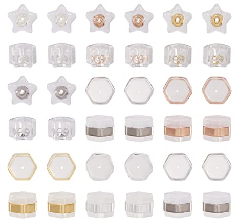 Craftdady 64 tuercas de silicona para las orejas, 8 estilos, suaves, transparentes, forma hexagonal, con forma de estrella, con dedos de latón para pendientes y fabricación de joyas