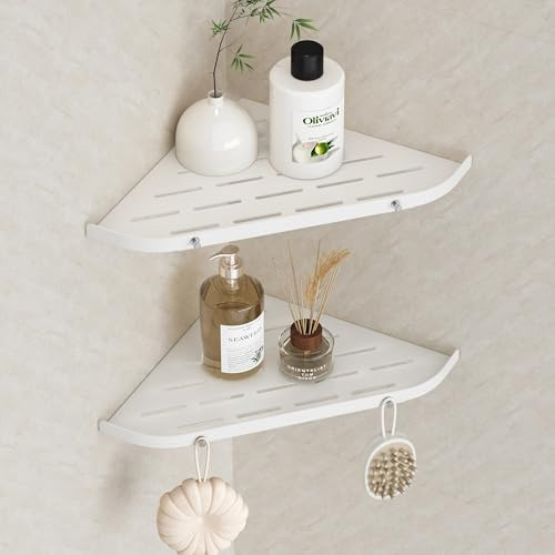Neodrain Duschablage Ecke Edelstahl ohne Bohren Weiß Eckregal Duschkorb mit Haken für Badezimmer Shampoo Halter, 2 Stück