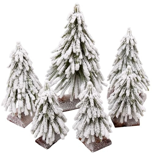VGIA 6pcs Mini Christmas Tree Small Christmas Tree Artificial Separate Tabletop Trees with Spray Snow Wooden Bases for Winter Village Decorations Home Kitchen