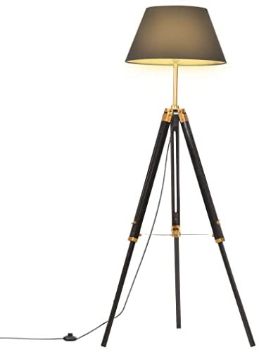 vidaXL Lampadaire à Trépied Lampe sur Pied Lampe à Piédestal Salon Salle de Séjour Maison Intérieur Noir et Doré 141 cm Bois de Teck Massif