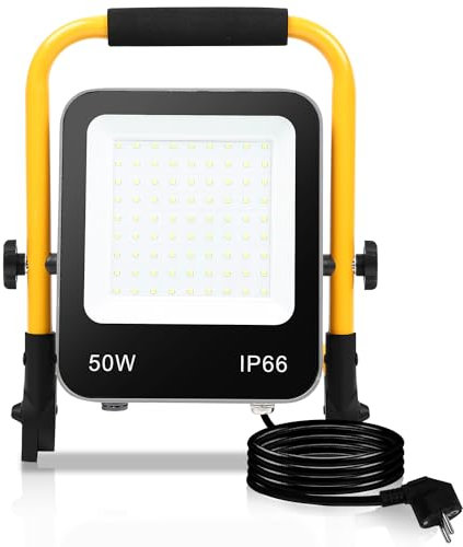 Sonnewelt LED Baustrahler 1 x 50W 5100LM Tragbar Arbeitsscheinwerfer IP66 Wasserdicht Arbeitsleuchte Strahler 6000K Kaltweiß mit 3M Kabel, Faltbarer Ständer für Baustelle, Werkstatt, Garage